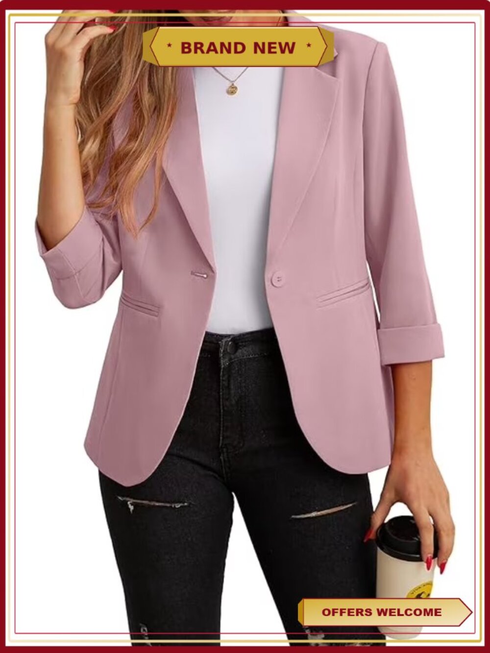Women's 3/4 Ruched Sleeve Blazer Slim Fit Open Front Notched Lapel Work Jacket